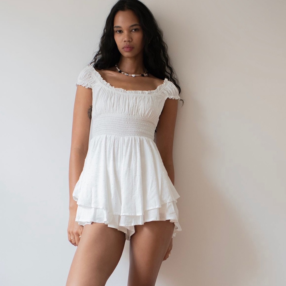 Urban Outfitters White Rosie Smocked Tiered Ruffle Romper